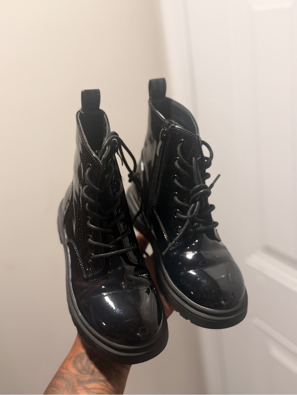 Kids Black Patent Lace-Up Combat Boots